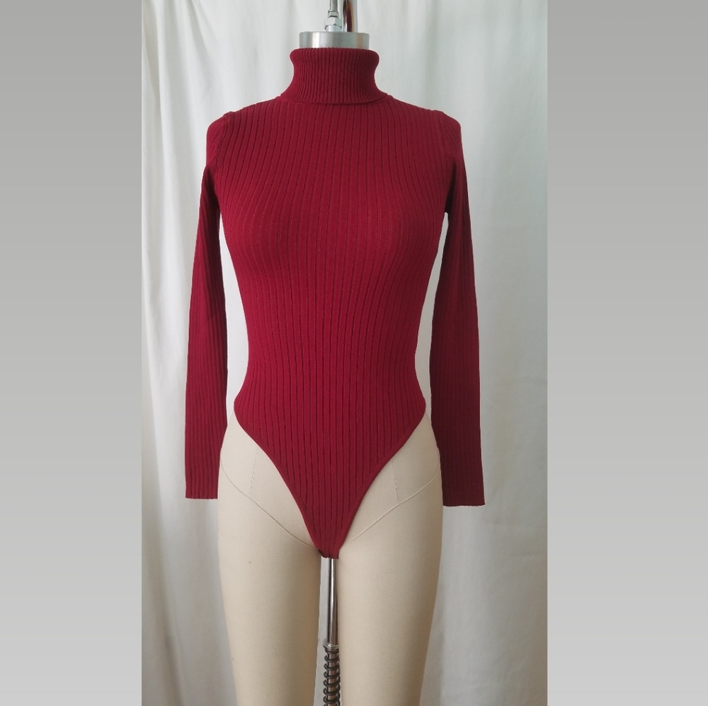 Rib Knit Turtleneck Bodysuit (Burgundy)